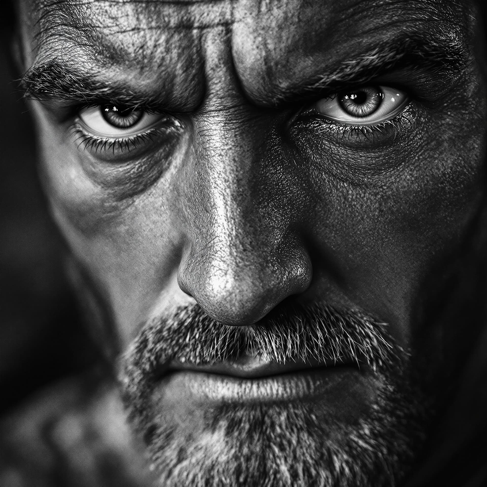 AI generated: wallpaper, high texture quality photo of super man, staring at camera, extreme close-up, black and w...