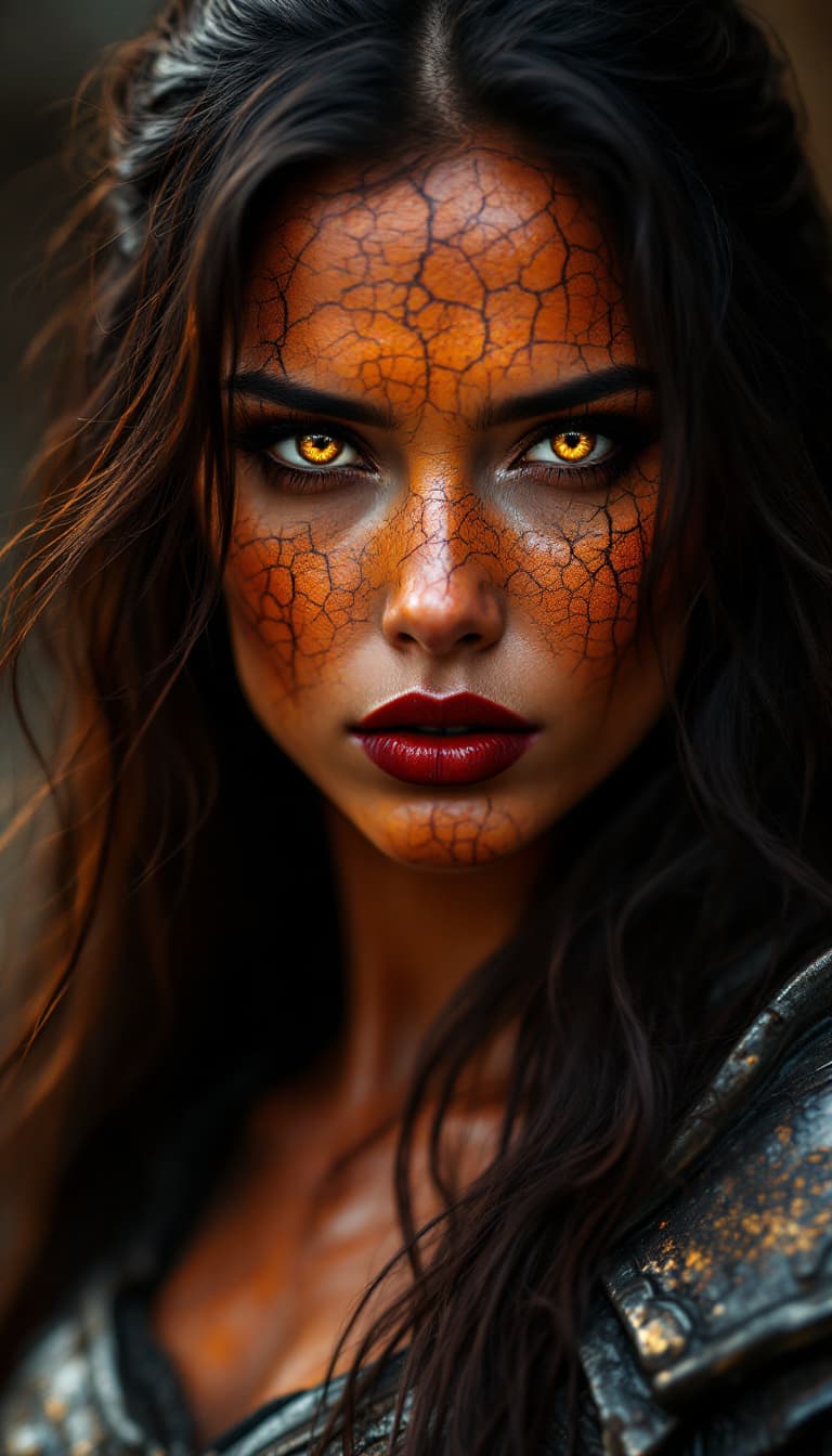 AI generated: Beautiful, long hair, woman with skin made entirely of crackled volcanic rock texture, intense look,...