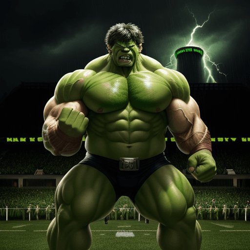AI generated: An angry Incredible Hulk in the Fighting Irish mascot stance in Leprechaun vests::scowling, muscles ...