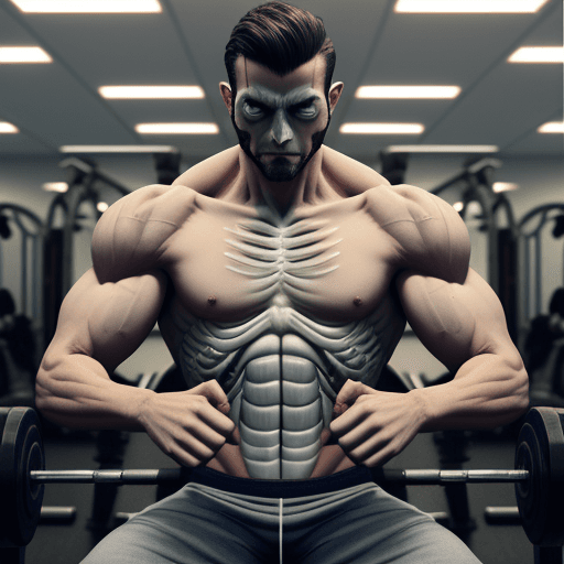 AI generated: create an  ultra 3d image of a man at the gym working out with muscles and skeleton showing