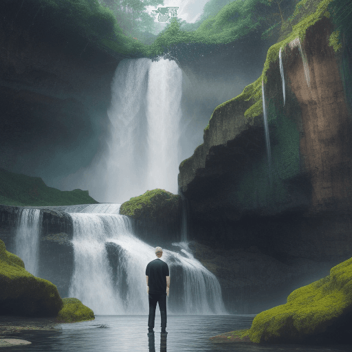AI generated: man, standing, waterfall, hyper detail --ar 9:16 --testp --upbeta