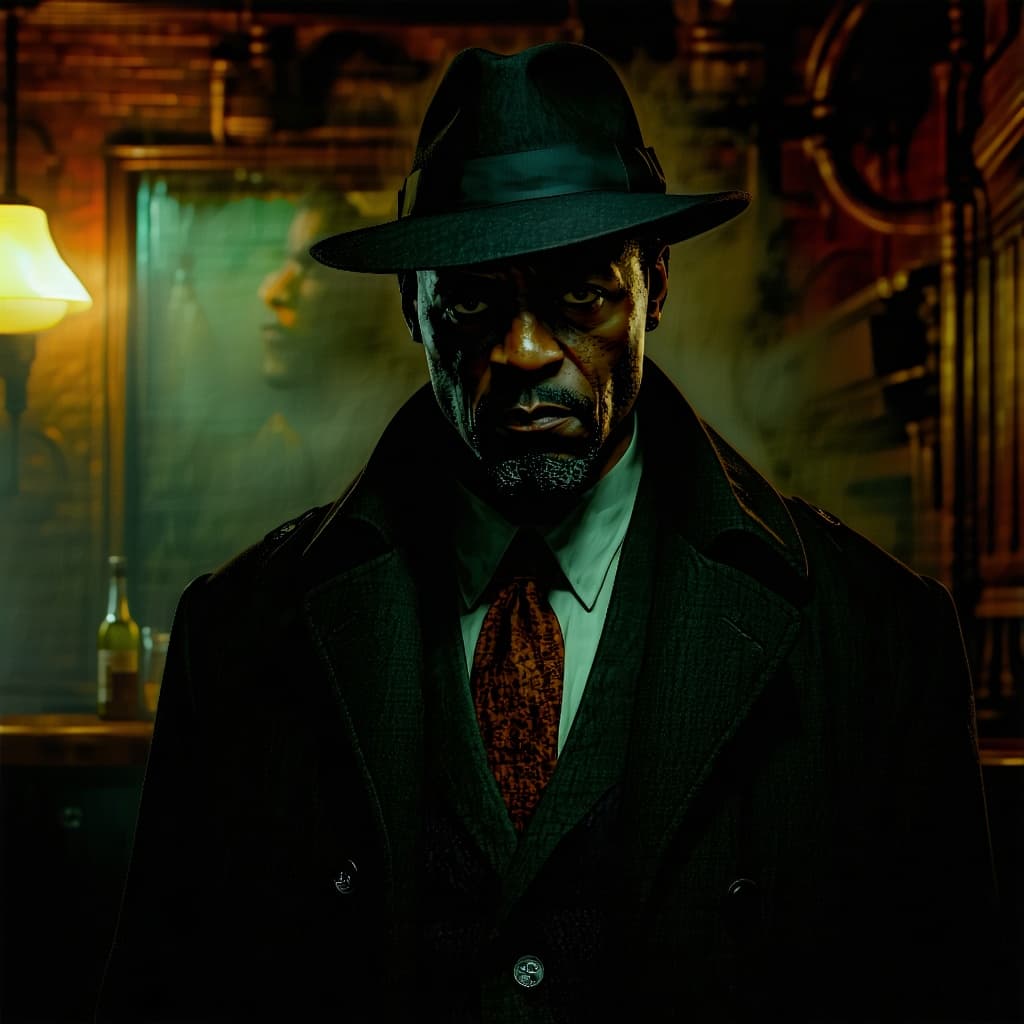 AI generated: A raw, cinematic portrait of a tough detective, played by Mark Wahlberg, who awaits a clue in a hazy...