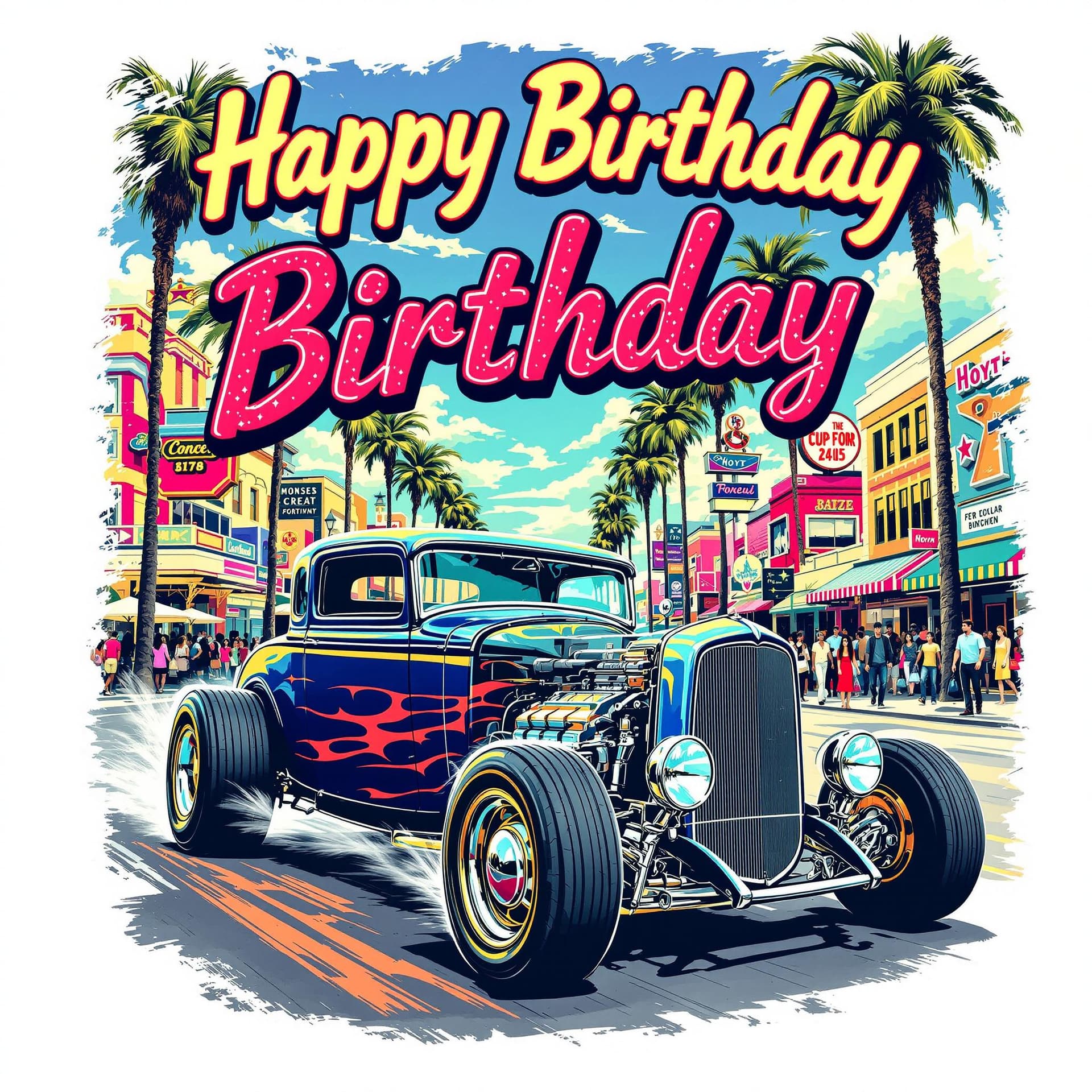AI generated: A vibrant custom illustration featuring a vintage hot rod, cruising along a sunny street lined with ...