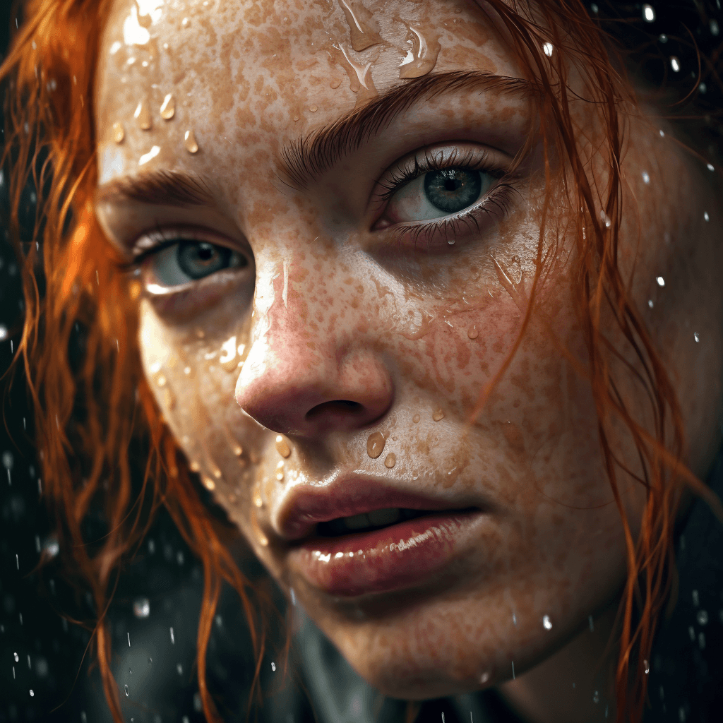 AI generated: **A Portrait of a womans face, water droplets on skin. Wet, Extreme fine detail of skin and water. S...