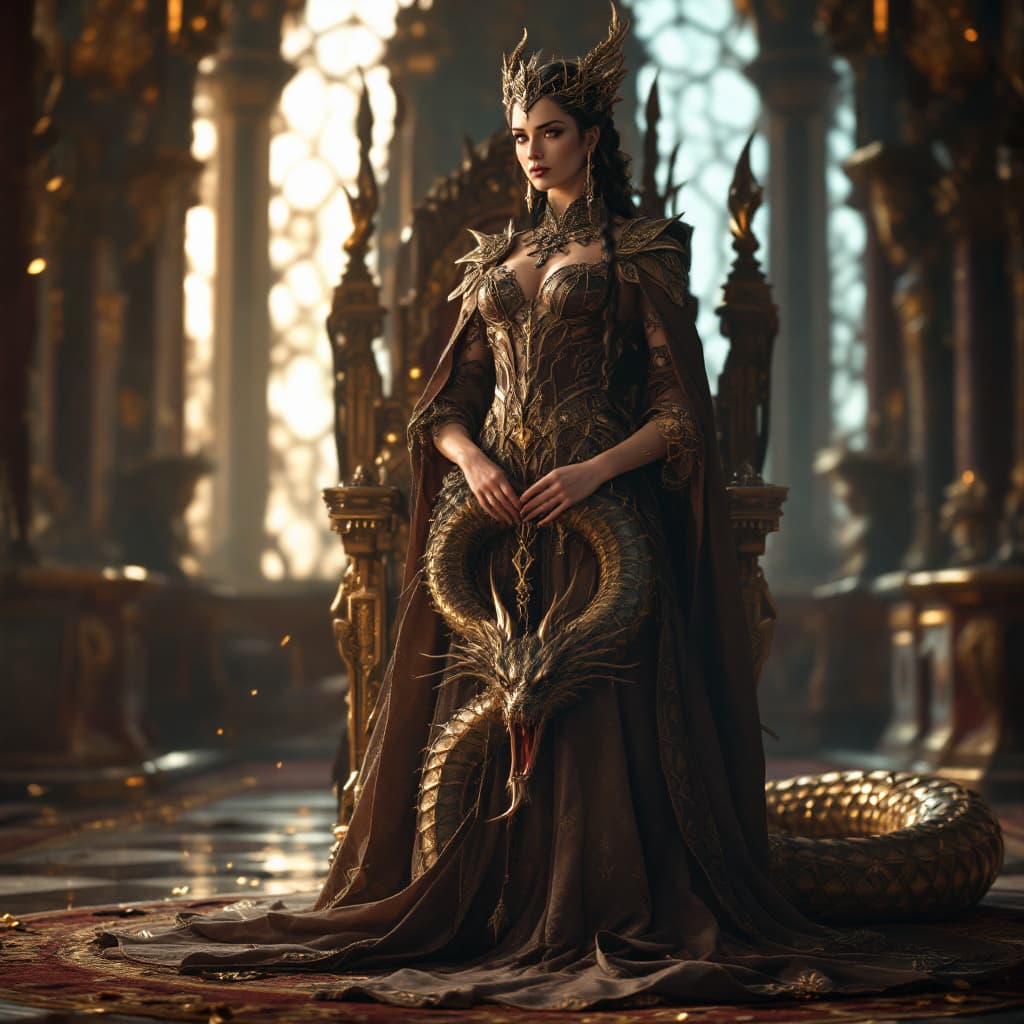 AI generated: A very beautiful queen standing in the throne room with a serpent-dragon like elements and design, i...