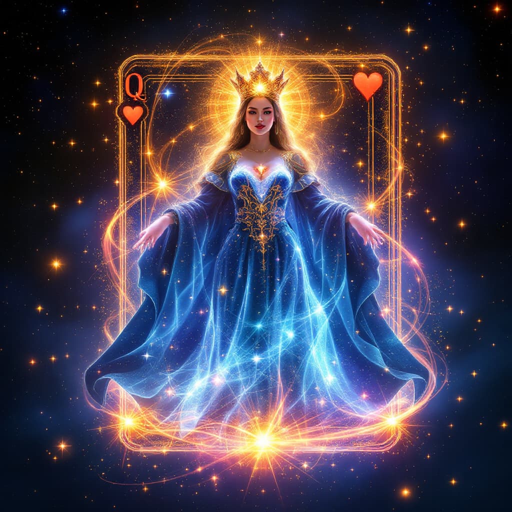 AI generated: The queen of Hearts card transforms into a 3D hologram that appears to be made of cosmic energy. As ...