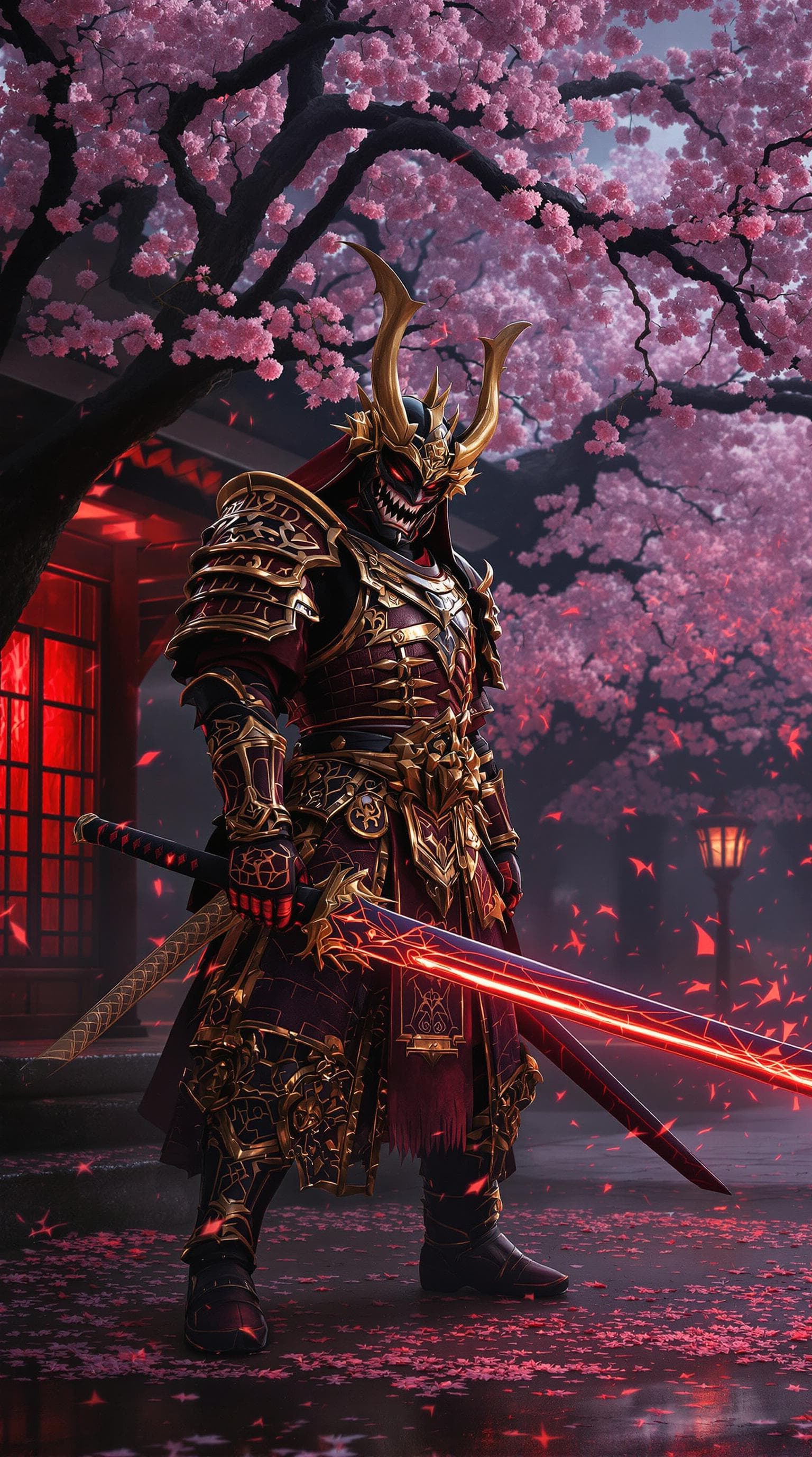 AI generated: A dark demon warrior wearing a gold and red japanese samurai armor holding a giant red glowing Katan...