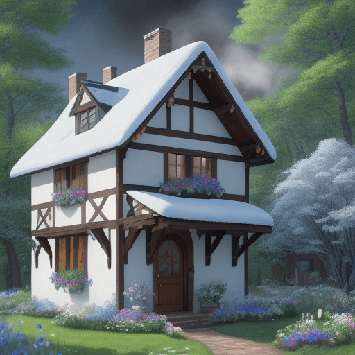 AI generated: Create a drawing of a one-story house from a children's story, like snow white, white with blue wind...