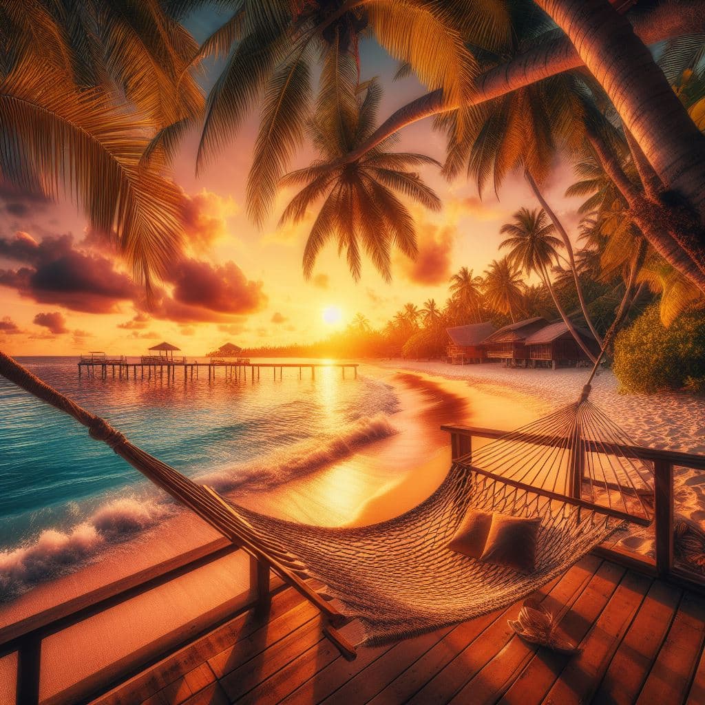 AI generated: Tropical sunset from the beach at high tide
