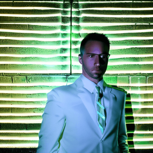 AI generated: A full-body portrait of a man leaning against a brick wall in a neon-lit cyberpunk city street at ni...