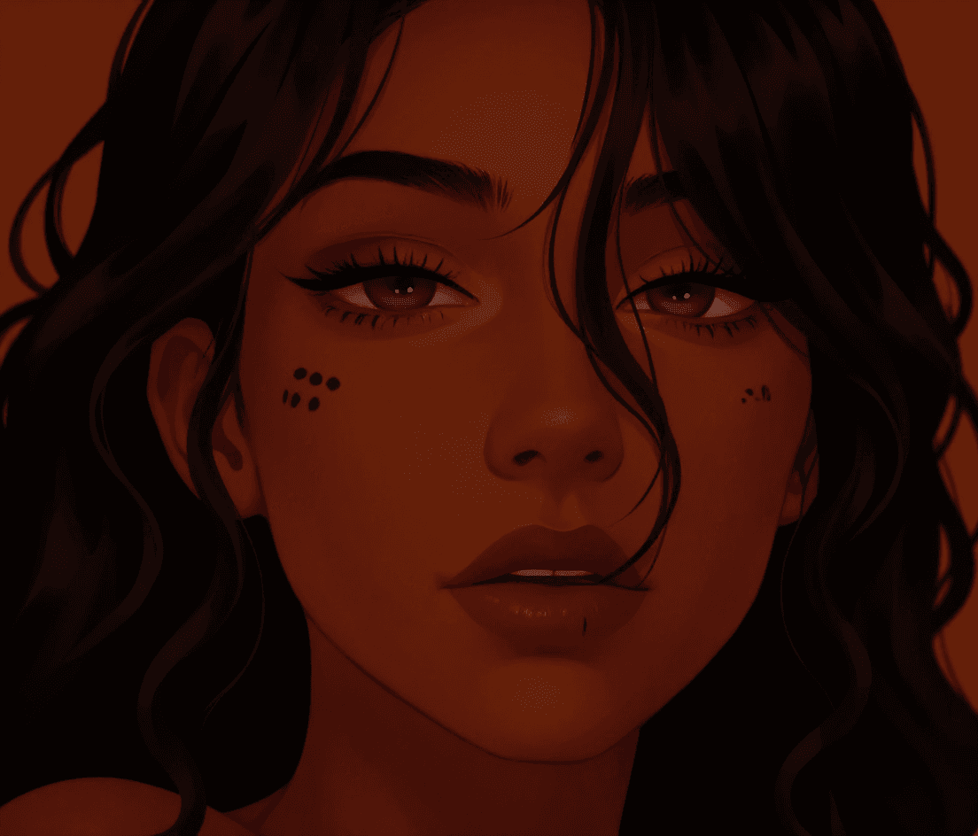 AI generated:  A dark skin female with long dark brown curly hair with a bang on the right side of her face, purpl...