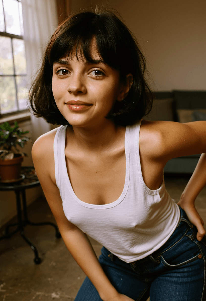 AI generated: The 30 year old woman in the film photograph is standing and leaning forward with her left arm resti...
