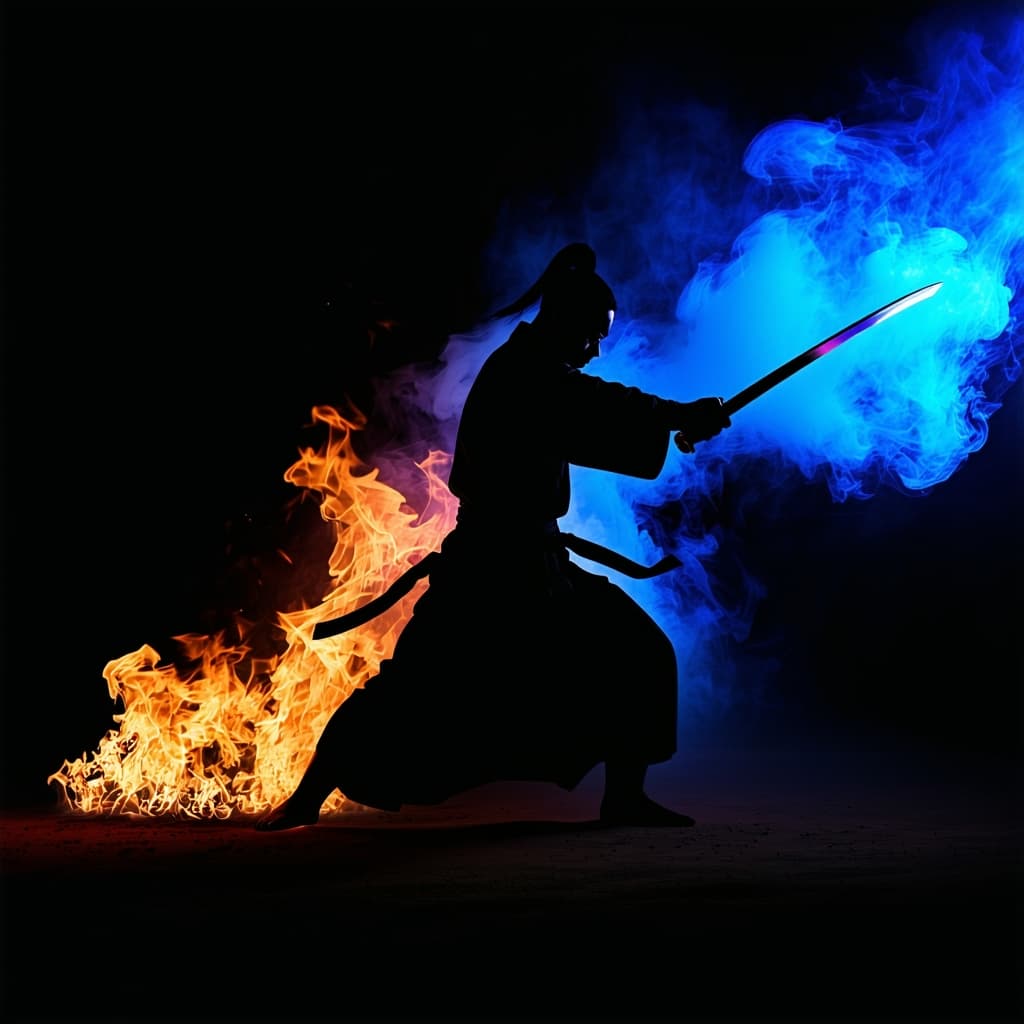 AI generated: Black silhouette of a man, sword swing pose, large lazure flame storm erupts from blade, dark backgr...