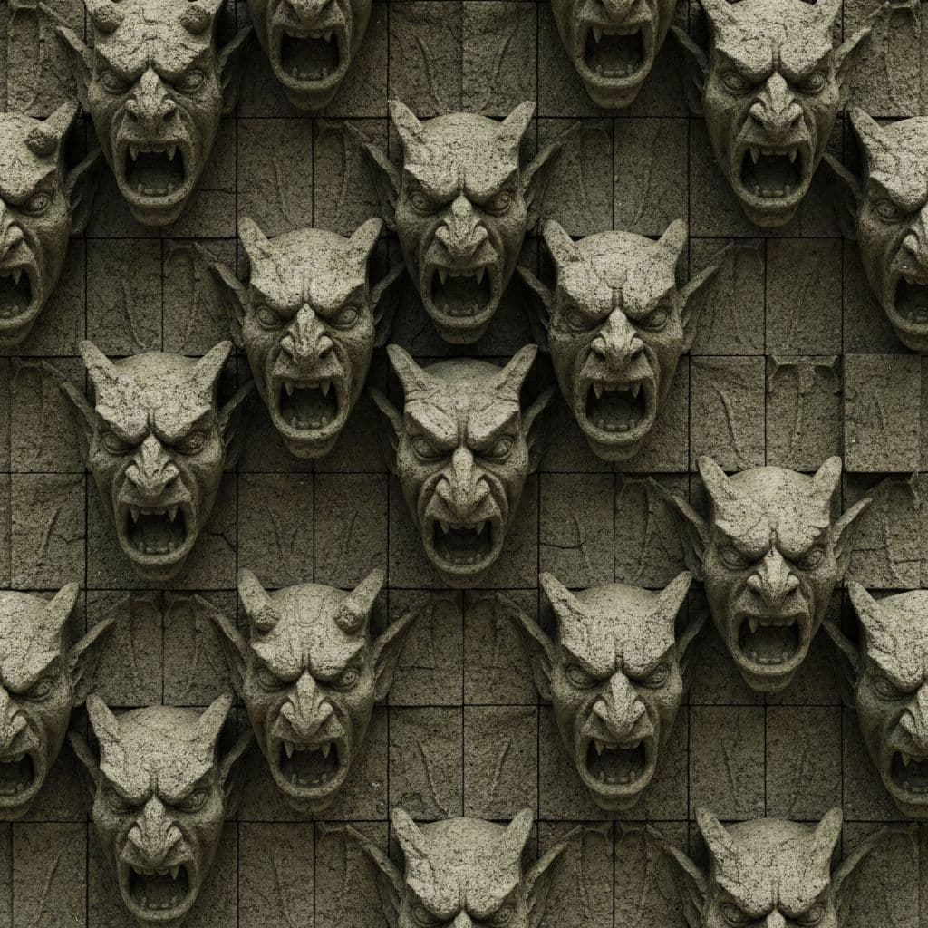 AI generated: Ultra-realistic 3D carved stone gargoyle faces in repeating pattern