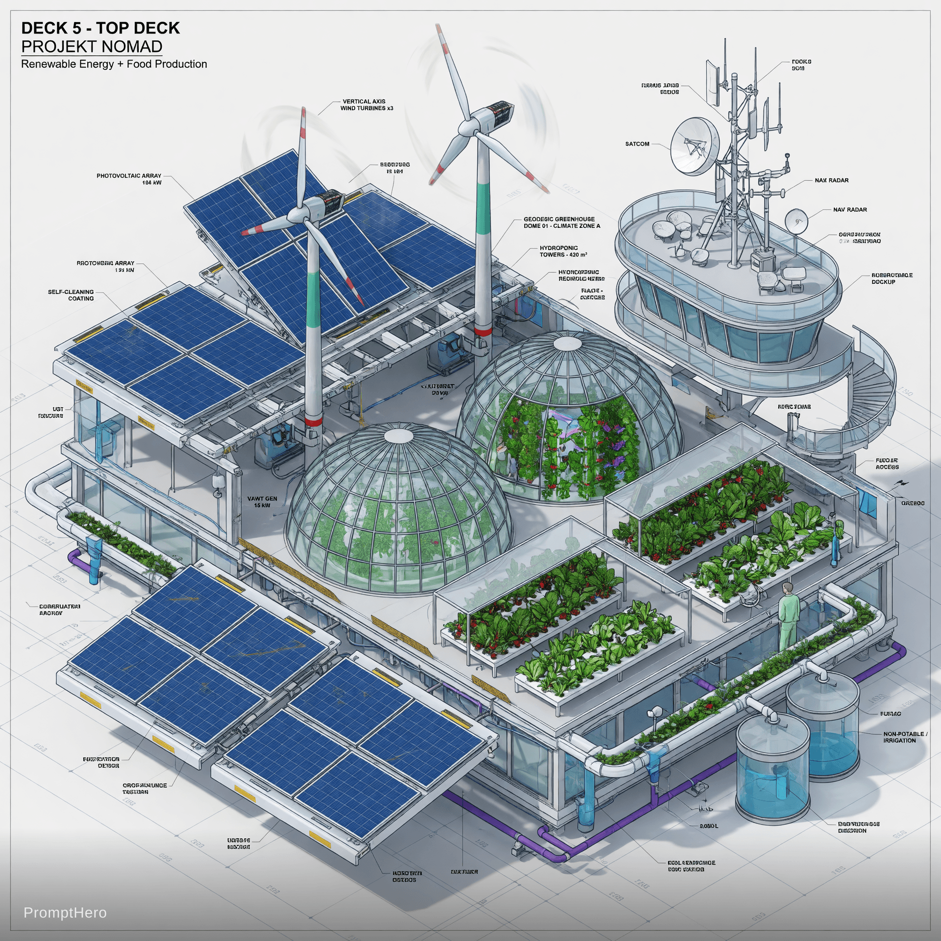 AI generated: Highly detailed technical cutaway isometric view of Deck 5 (Top Deck) of Projekt Nomad, clean engine...