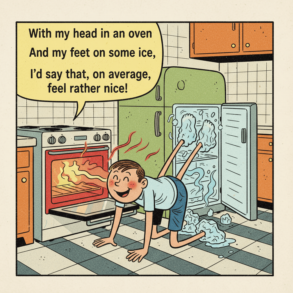 AI generated: single cel comic character on his knees with his head in an oven and his feet in a freezer with the ...