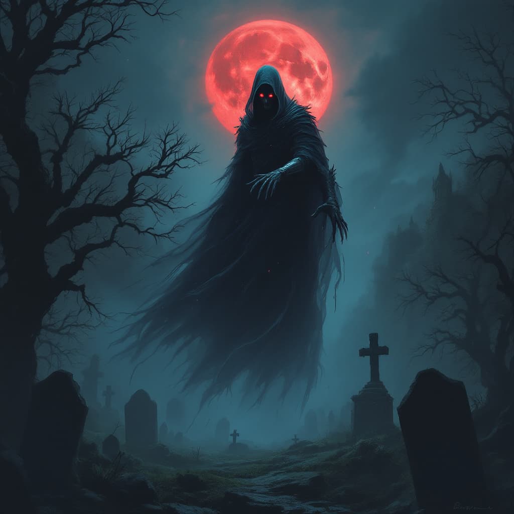 AI generated: Ghostly spectre hovering above an ancient cemetery under a blood-red full moon::1.5  
digital painti...