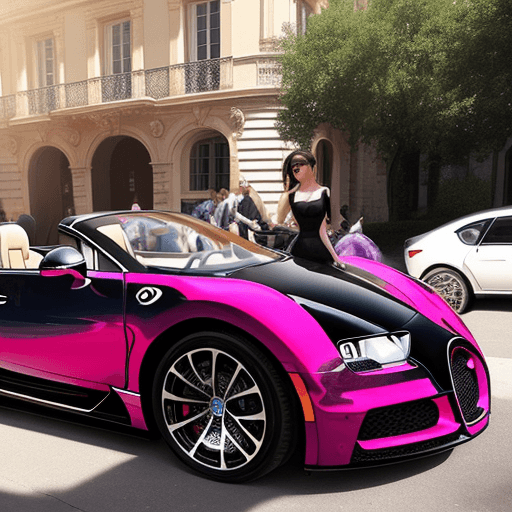 AI generated:  je veux voir une femme realiste assez jolie à coté d'un belle voiture de luxe style bugatti de coul...