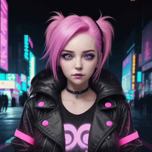 AI generated: A lady with a cute face, and beautiful eyes, wearing a black jacket, bright-colored neon blue and ha...