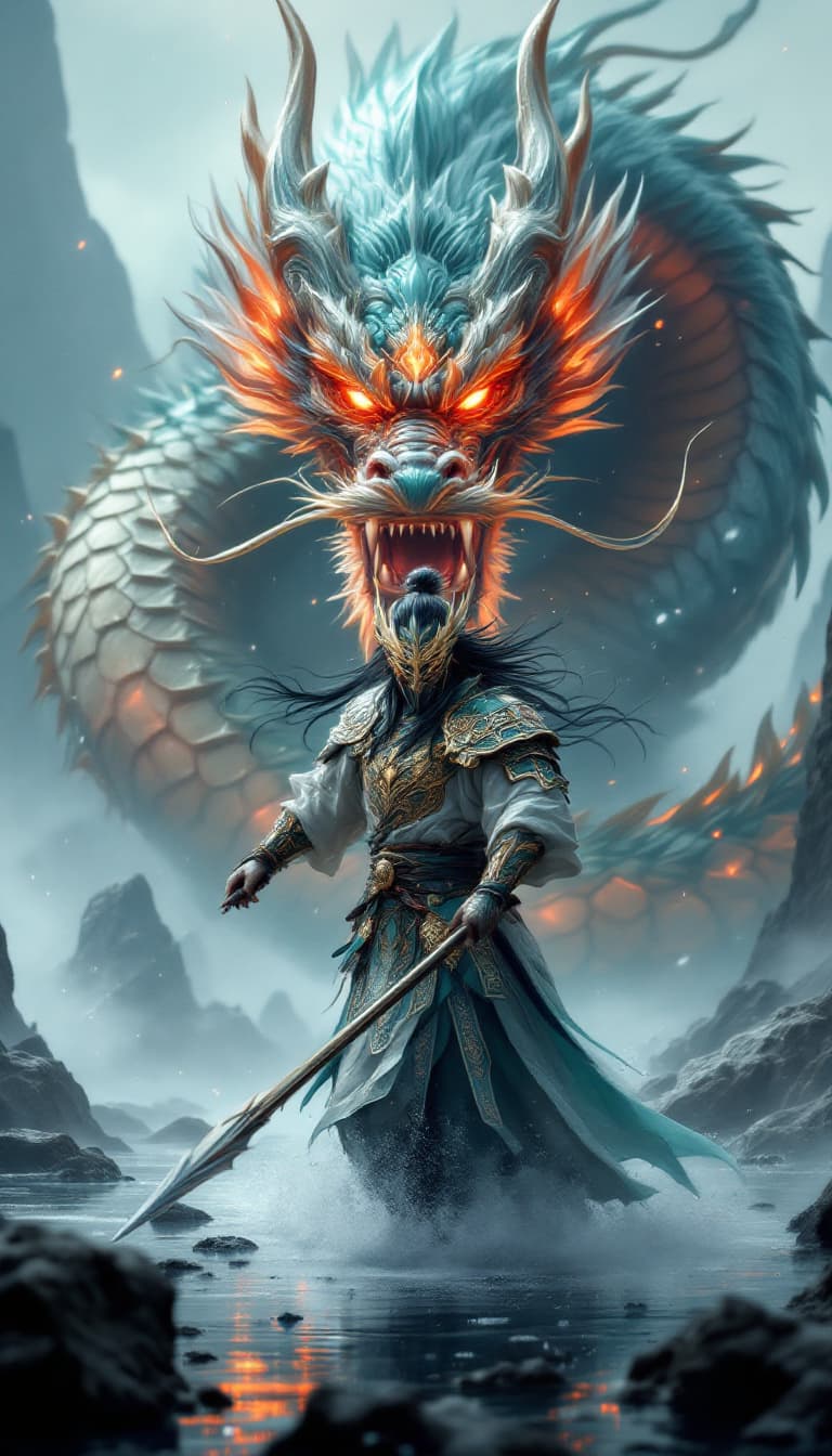 AI generated: An ultra-realistic, zoomed out full-body portrait of a formidable warrior holding a spear in his han...