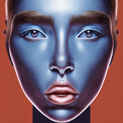 AI generated: woman bionic ceramic glossy Blue face sculpture, pushed out of the background, front view, brightly ...