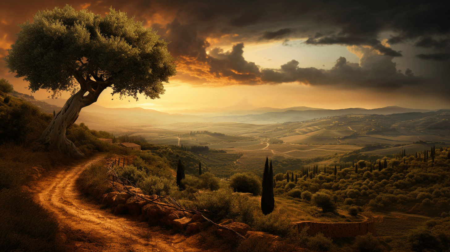 AI generated: landscape photo of tuskany in sunset, flat soft mountains, many olive trees, some fog in the valleys...