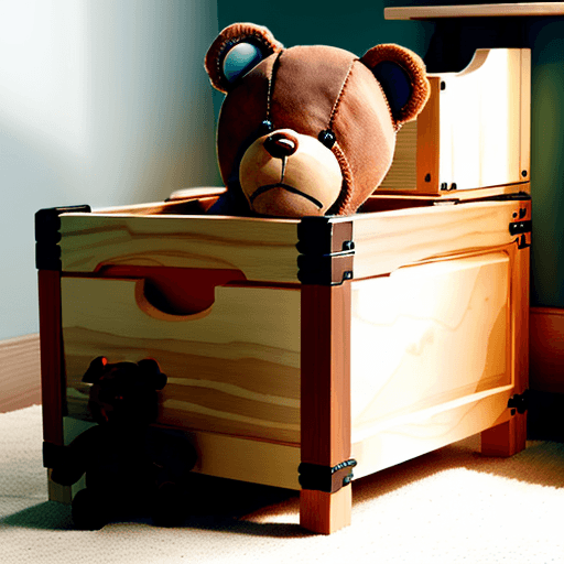 AI generated: a wooden toy box with one sad teddy bear inside