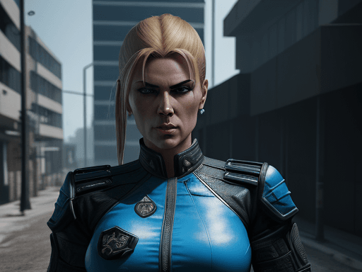 AI generated: Mortal Kombat Sonya Blade, military uniform outfit, cyberpunk, outdoor, street, royal blue, hyperrea...