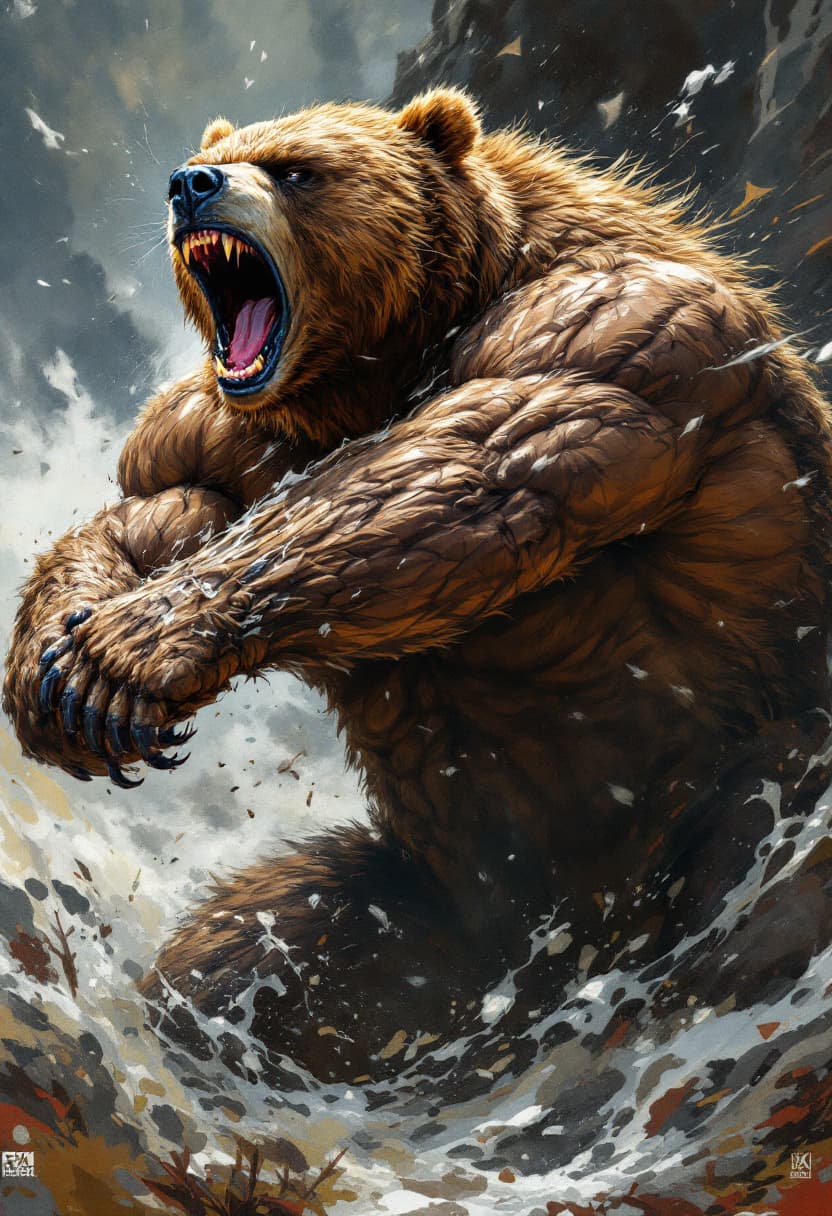 AI generated: AI-generated artwork Realistic detail, crisp, full body. Wild bear yelling. Bodybuilder build. Show ...