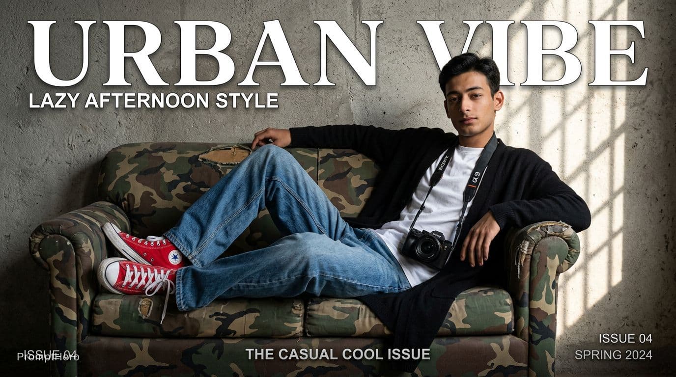 AI generated: photography, magazine cover, tilt shot, male model lounging on a worn camouflage sofa, casually dres...