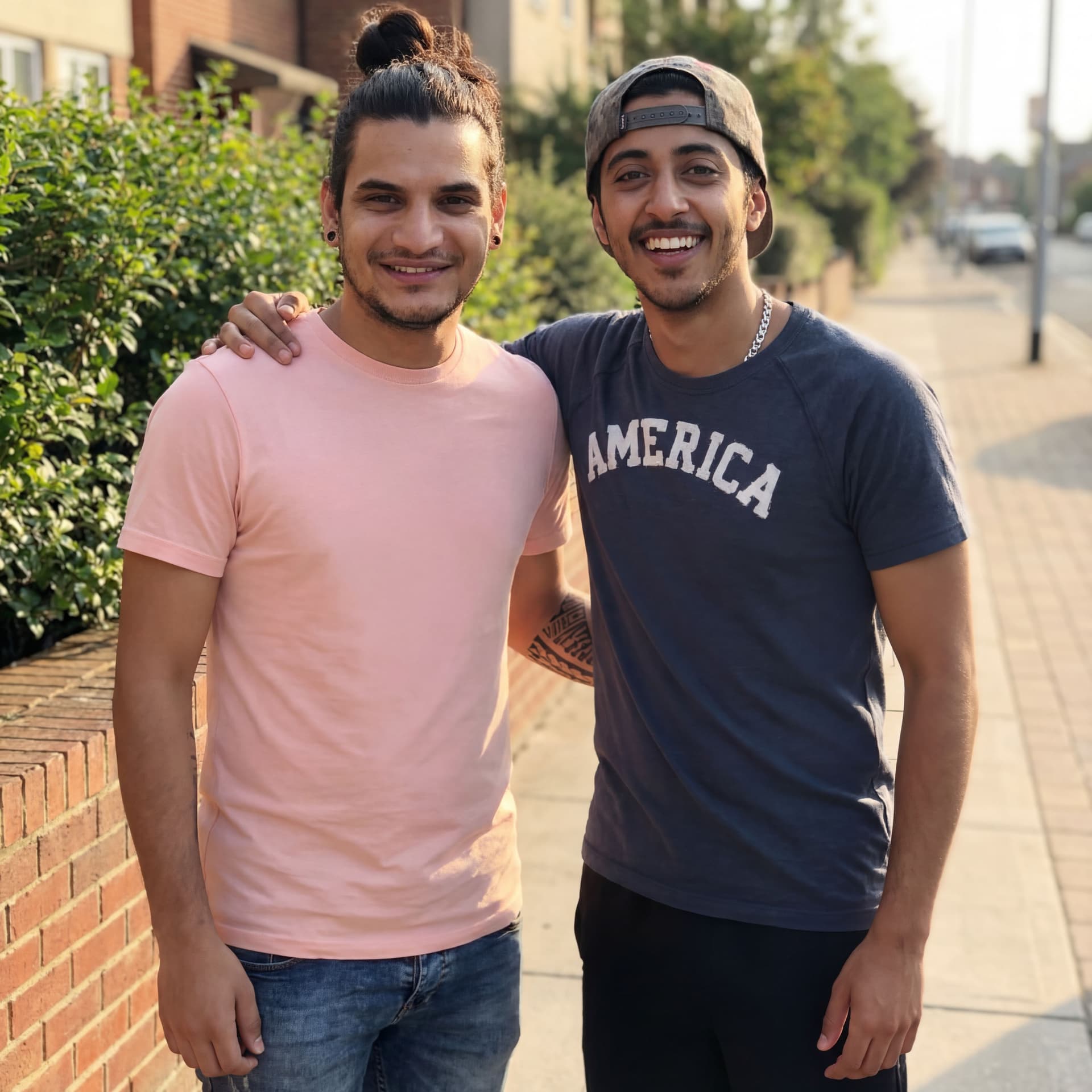 AI generated: Merge two photos in one picture side by side as friends 