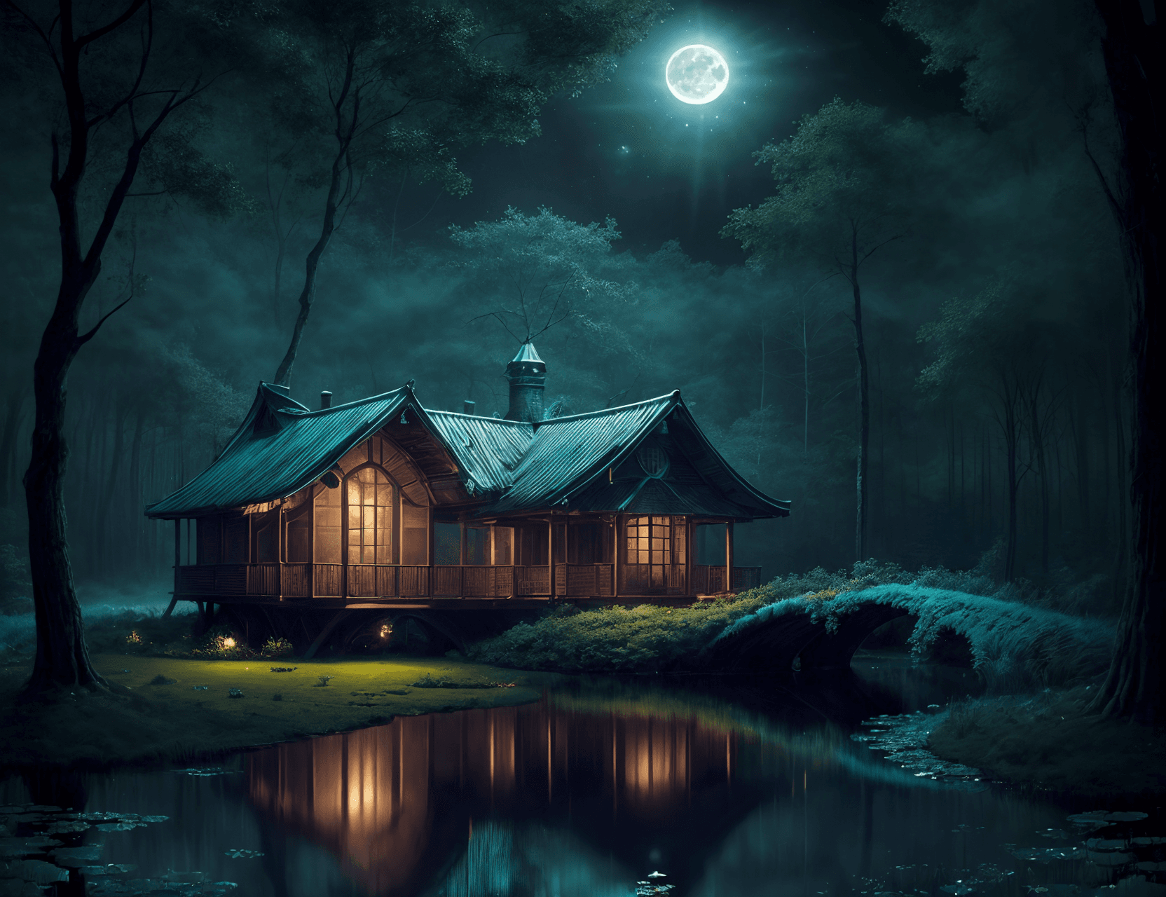 AI generated: ((best quality)), ((masterpiece)), ((realistic)), (detailed), scenery, moon, pond, forest, hut, dark...