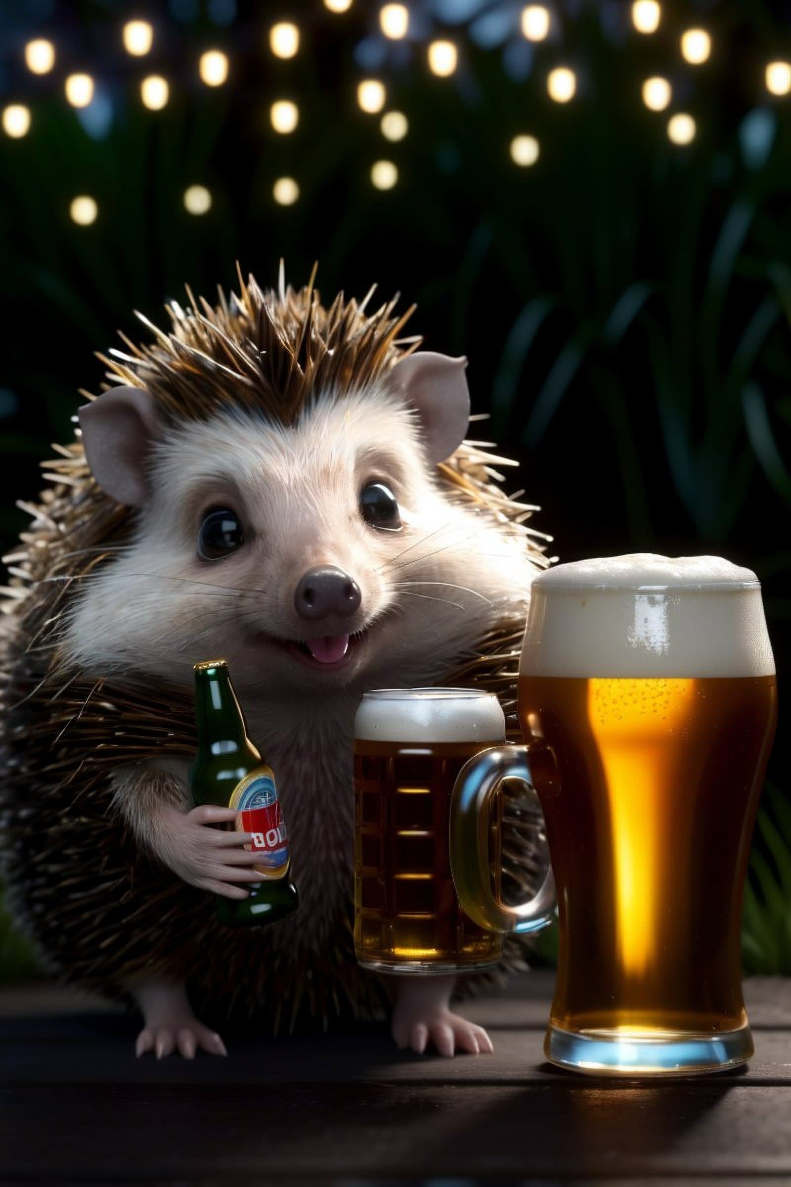 AI generated: cute hedgehog with beer, cinematic, hyper realism, high detail, octane render, 4k <lora:add_detail:0...