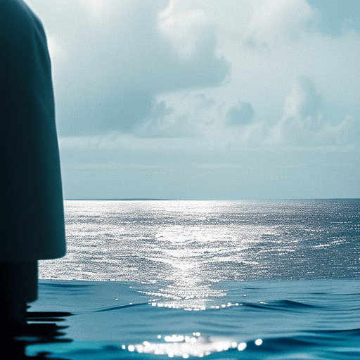 AI generated: view as a swimmer in the middle of a calm ocean, with a distant horizon and hazy clouds

