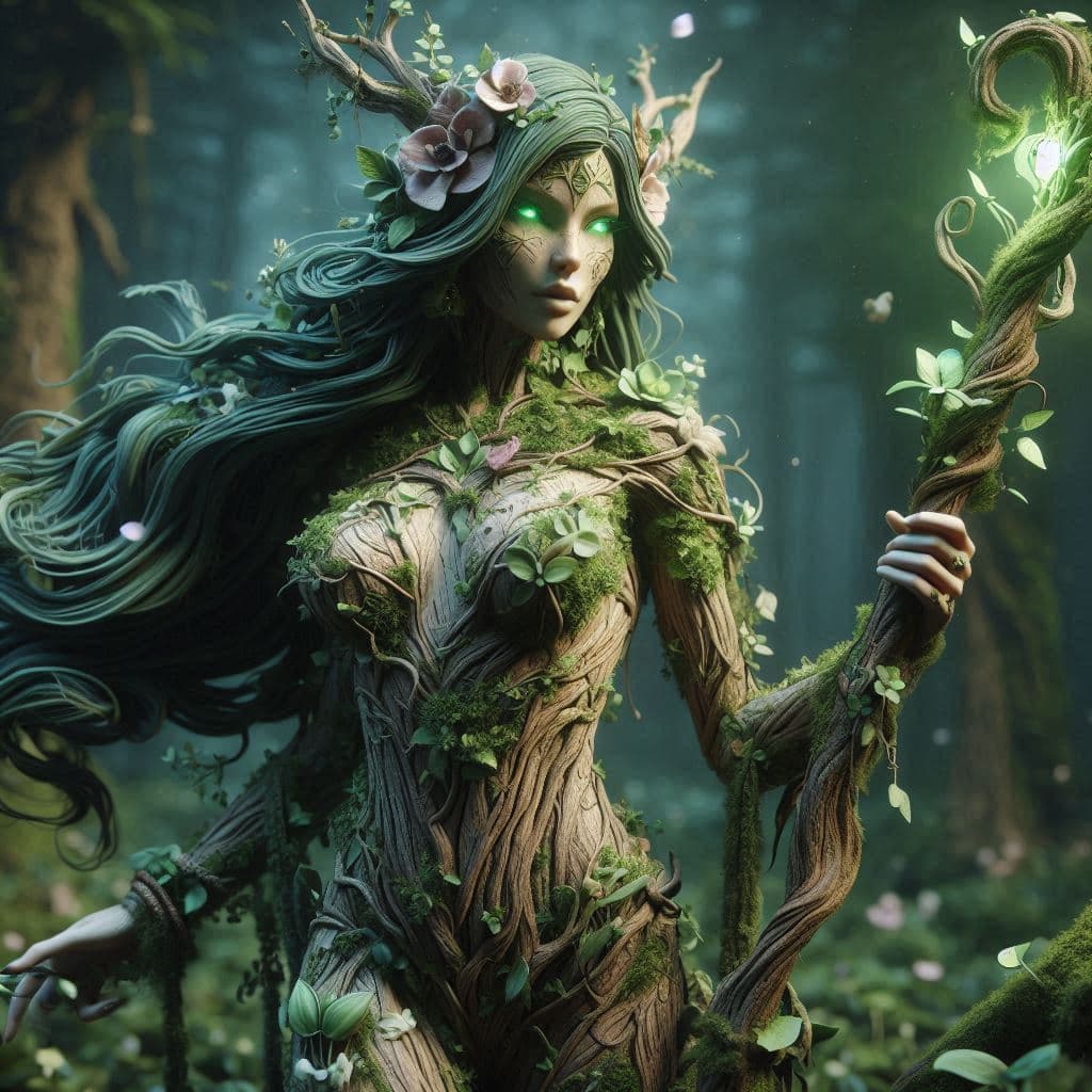 AI generated: A stunning 3D model of a mystical forest guardian, her body a seamless blend of human and plant form...