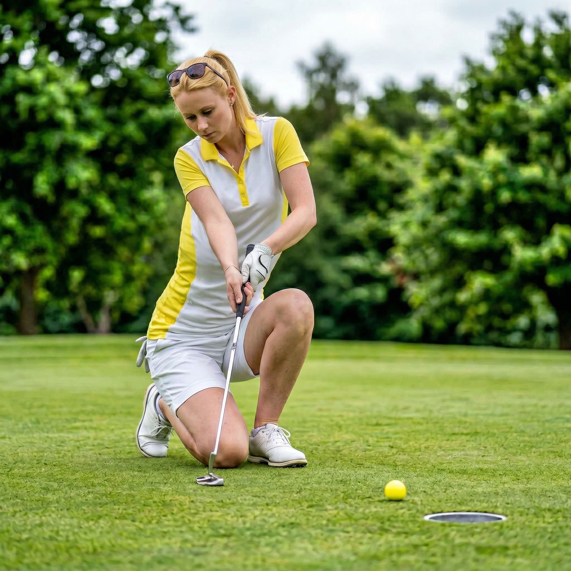 AI generated: A young, athletic woman with long blonde hair is in a low crouching pose on a golf course, about to ...