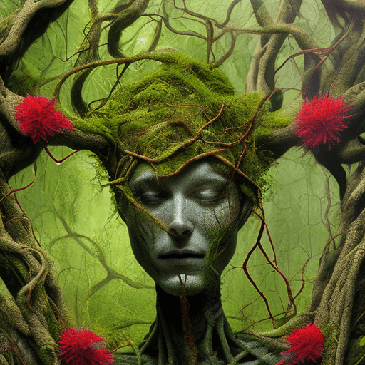 AI generated: Prompt: "A surreal humanoid spiderman figure intertwined with nature, featuring a body covered in mo...