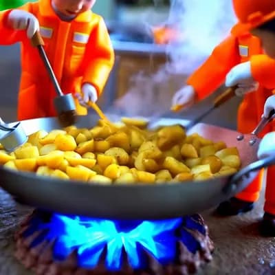 AI generated video: Tiny workers in orange suits cook golden-brown potatoes in a giant pan over a blue flame. They use i...