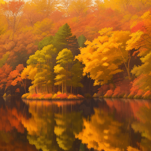 AI generated: A serene autumn landscape with a reflective lake surrounded by trees with colorful fall foliage, in ...