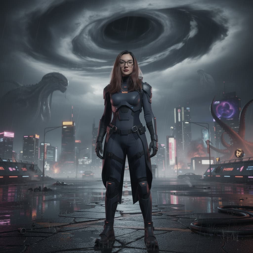 AI generated: emale, cyber punk night city, black hole, apocalypse, nihilism, Cthuru, grand worldview, strong visu...