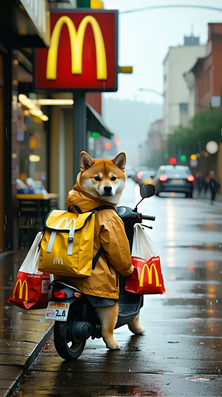 AI generated: Photography, realistic, a cute Shiba inu Puppy wearing a McDonald's delivery uniformis riding an ele...