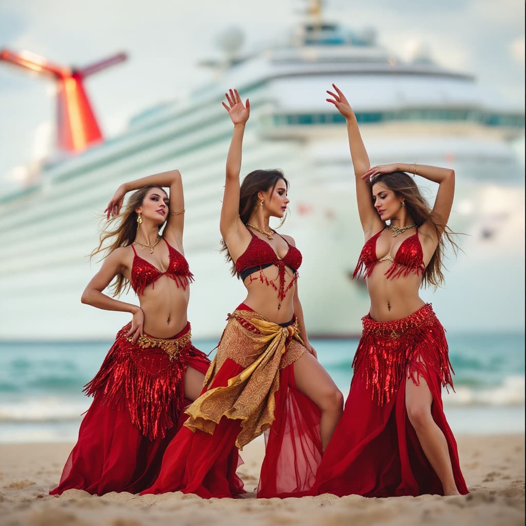 AI generated: Three twenty-year-old women, light complexions, engage in a belly dance. Their costumes are crimson-...