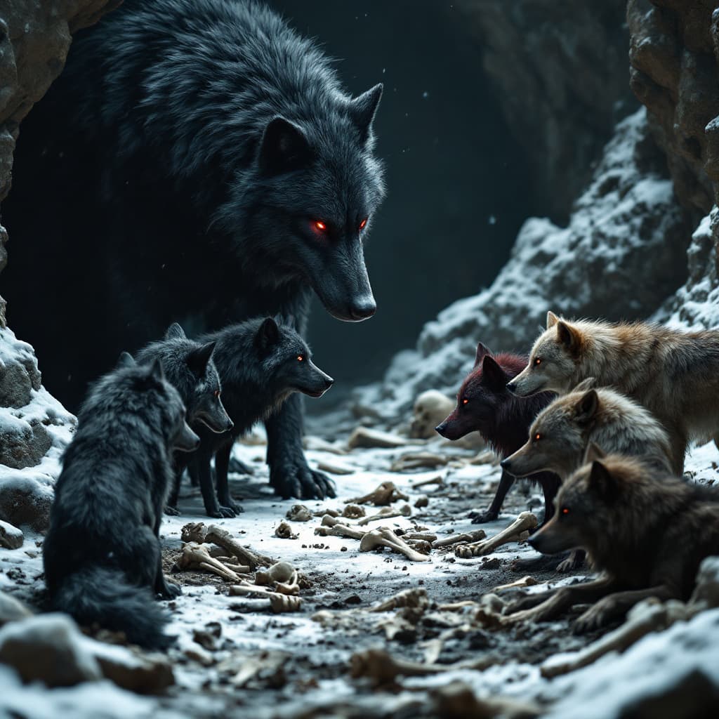 AI generated: Giant black wolf talking facing five wolves of different black, brown, and a reddish color, camera f...