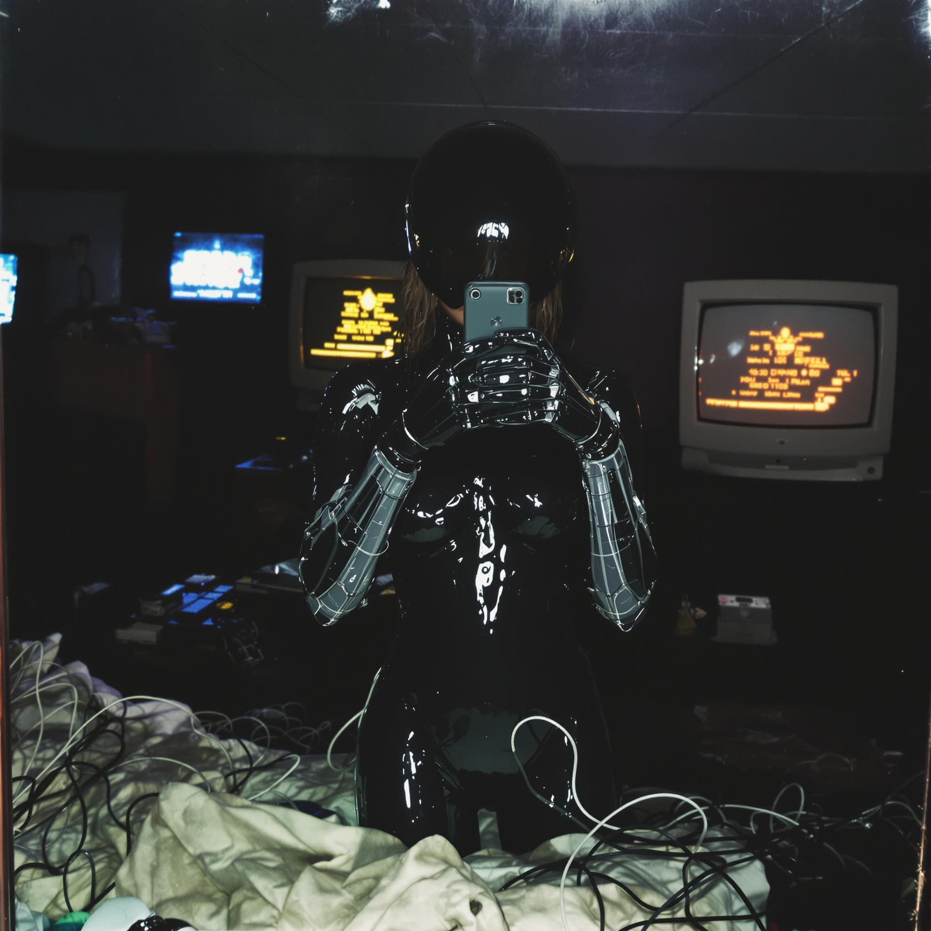 AI generated: mysterious female figure in a glossy black latex bodysuit with translucent, vein-like biomechanical ...