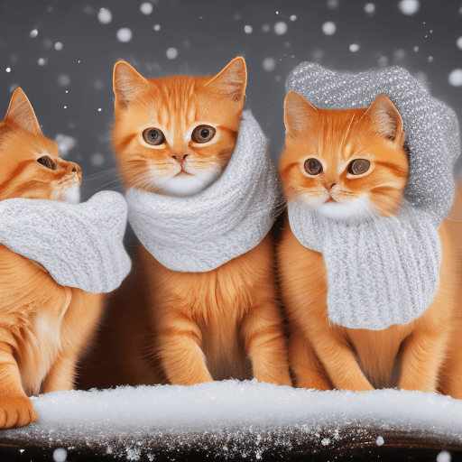 AI generated: "Three adorable orange tabby kittens sitting in fresh white snow, wearing cozy winter hats and match...