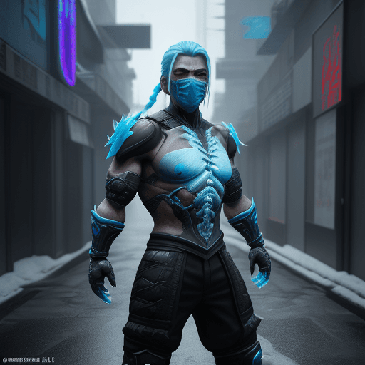 AI generated: Mortal Kombat Frost, cyberpunk, outdoor, street, ice blue, hyperrealism, photorealistic, 8k, unreal ...