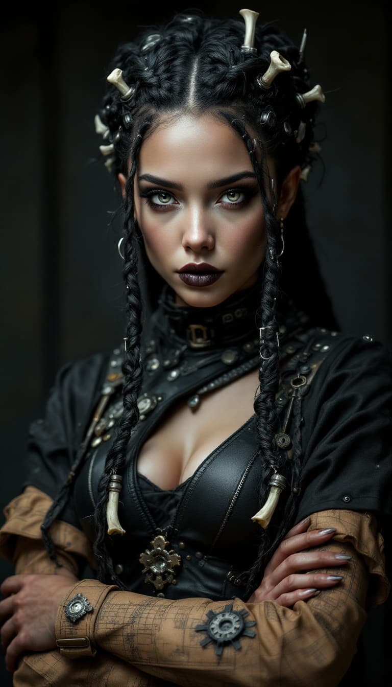 AI generated: An ultra-realistic, full-body portrait of a captivating gothic architect woman, radiating structural...