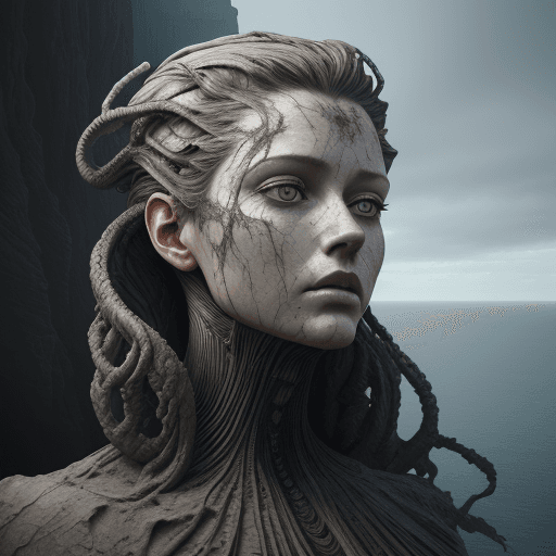 AI generated: art statue in cliffs, in the style of realistic hyper-detailed portraits, cryengine, detailed facial...
