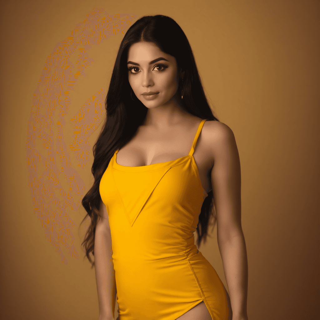 AI generated: "A woman with long dark hair, wearing a yellow sleeveless strappy dress, posing with a serene expres...