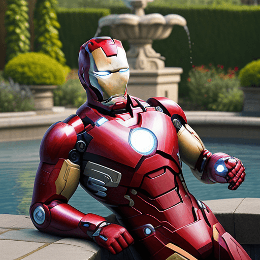 AI generated: Ironman in Candit's style is burly and strong, in the garden sitting in the back seat of the fountai...